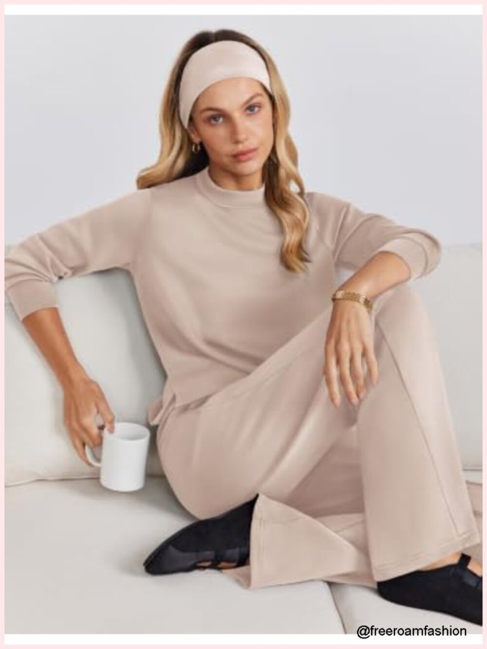 2 Piece Lounge Set Wide Leg Pants Mock Neck Sweatsuit Relaxed Fit Tracksuit - Picture 5 of 6